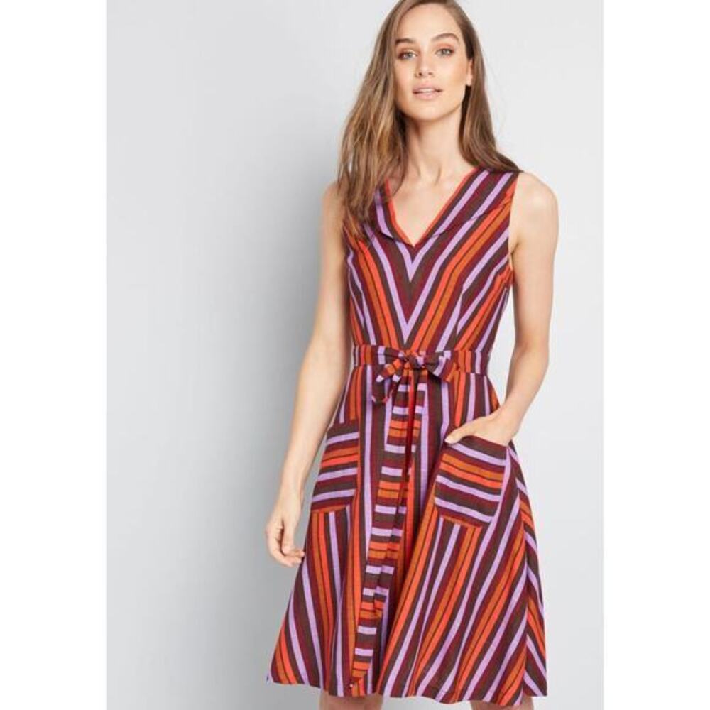 Modcloth Linen Blend Retro Striped Midi Dress Sleeveless Purple Orang, size S - Picture 2 of 15
